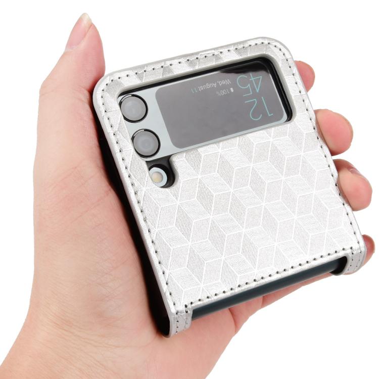 For Samsung Galaxy Z Flip3 Siamese Cubic Grid Texture Card Slot Leather Phone Case