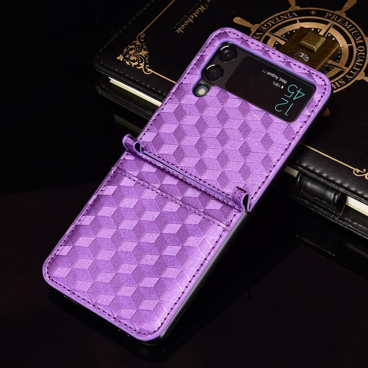 For Samsung Galaxy Z Flip3 Siamese Cubic Grid Texture Card Slot Leather Phone Case