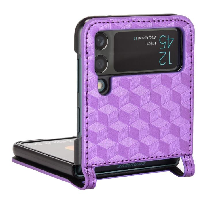 For Samsung Galaxy Z Flip3 Siamese Cubic Grid Texture Card Slot Leather Phone Case