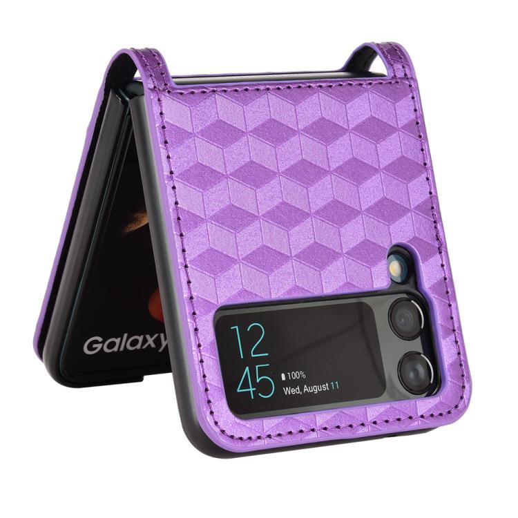 For Samsung Galaxy Z Flip3 Siamese Cubic Grid Texture Card Slot Leather Phone Case