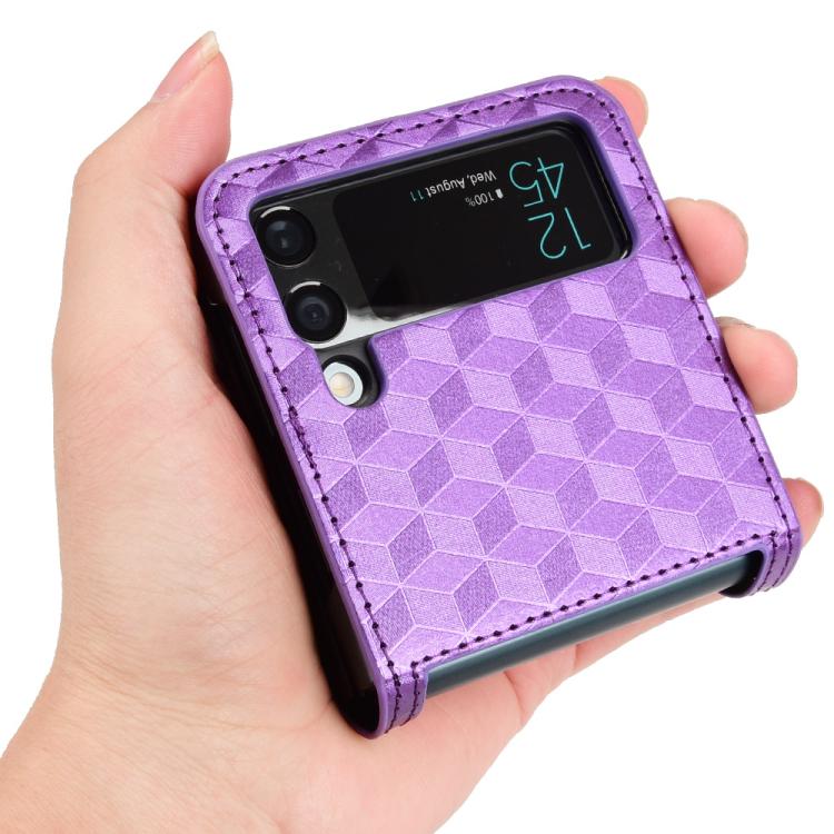 For Samsung Galaxy Z Flip3 Siamese Cubic Grid Texture Card Slot Leather Phone Case