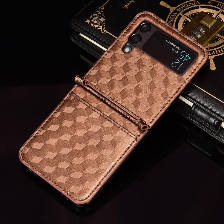 For Samsung Galaxy Z Flip3 Siamese Cubic Grid Texture Card Slot Leather Phone Case