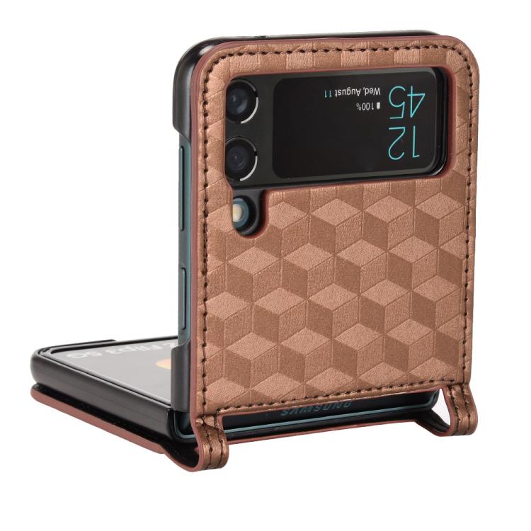 For Samsung Galaxy Z Flip3 Siamese Cubic Grid Texture Card Slot Leather Phone Case