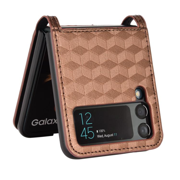 For Samsung Galaxy Z Flip3 Siamese Cubic Grid Texture Card Slot Leather Phone Case