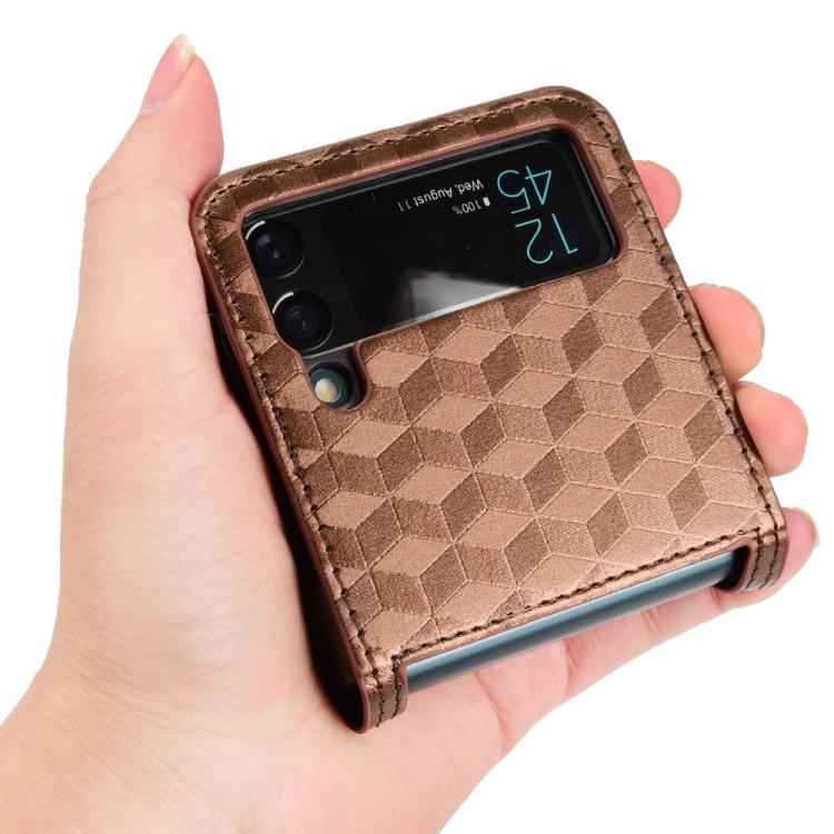 For Samsung Galaxy Z Flip3 Siamese Cubic Grid Texture Card Slot Leather Phone Case