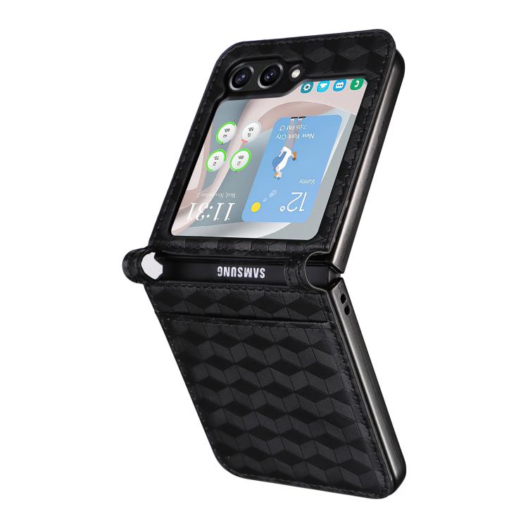 For Samsung Galaxy Z Flip5 Siamese Cubic Grid Texture Card Slot Leather Phone Case