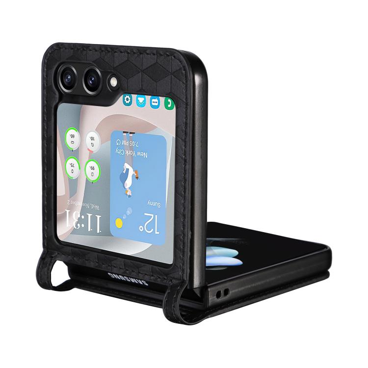 For Samsung Galaxy Z Flip5 Siamese Cubic Grid Texture Card Slot Leather Phone Case