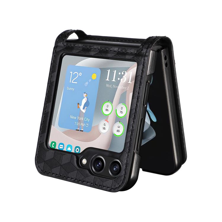 For Samsung Galaxy Z Flip5 Siamese Cubic Grid Texture Card Slot Leather Phone Case