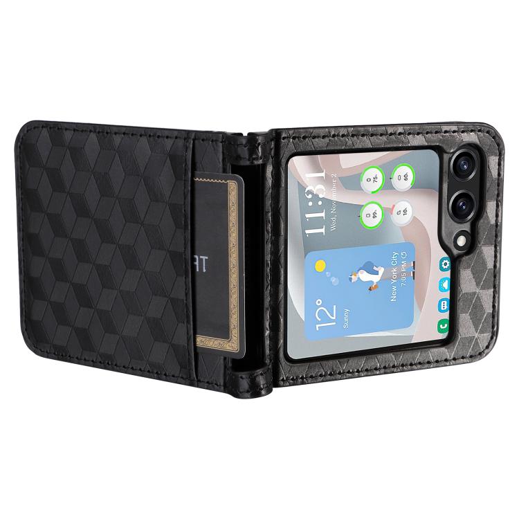 For Samsung Galaxy Z Flip5 Siamese Cubic Grid Texture Card Slot Leather Phone Case