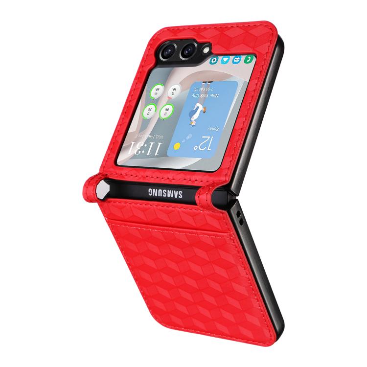 For Samsung Galaxy Z Flip5 Siamese Cubic Grid Texture Card Slot Leather Phone Case
