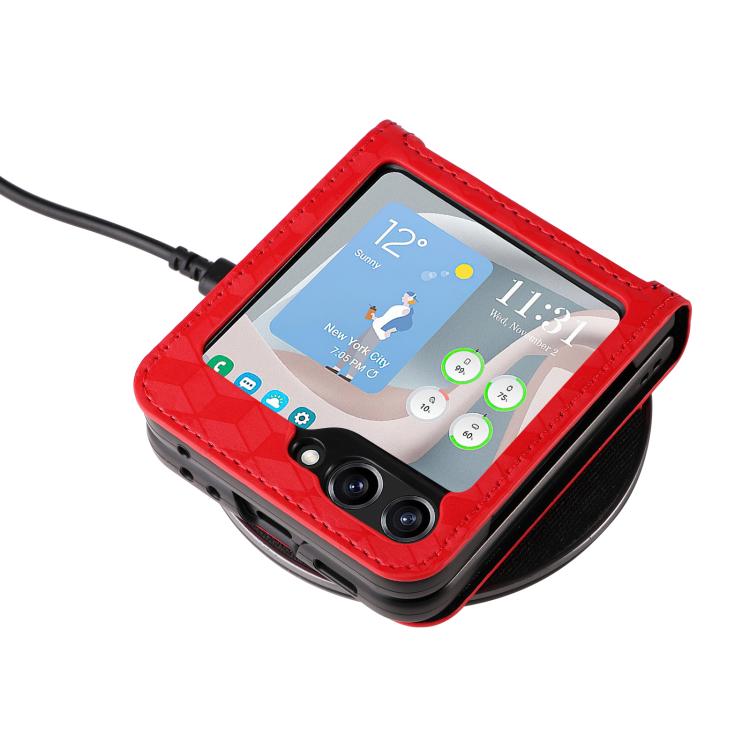 For Samsung Galaxy Z Flip5 Siamese Cubic Grid Texture Card Slot Leather Phone Case