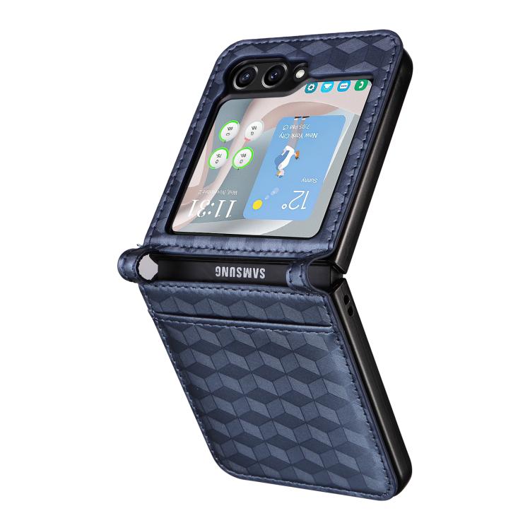 For Samsung Galaxy Z Flip5 Siamese Cubic Grid Texture Card Slot Leather Phone Case