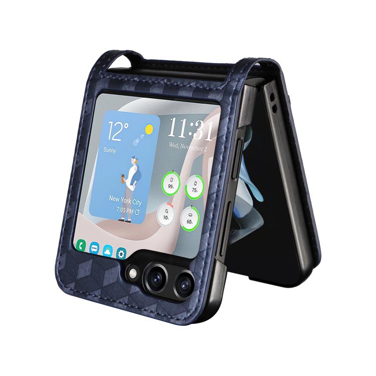 For Samsung Galaxy Z Flip5 Siamese Cubic Grid Texture Card Slot Leather Phone Case
