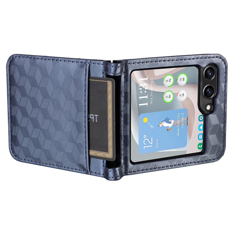 For Samsung Galaxy Z Flip5 Siamese Cubic Grid Texture Card Slot Leather Phone Case