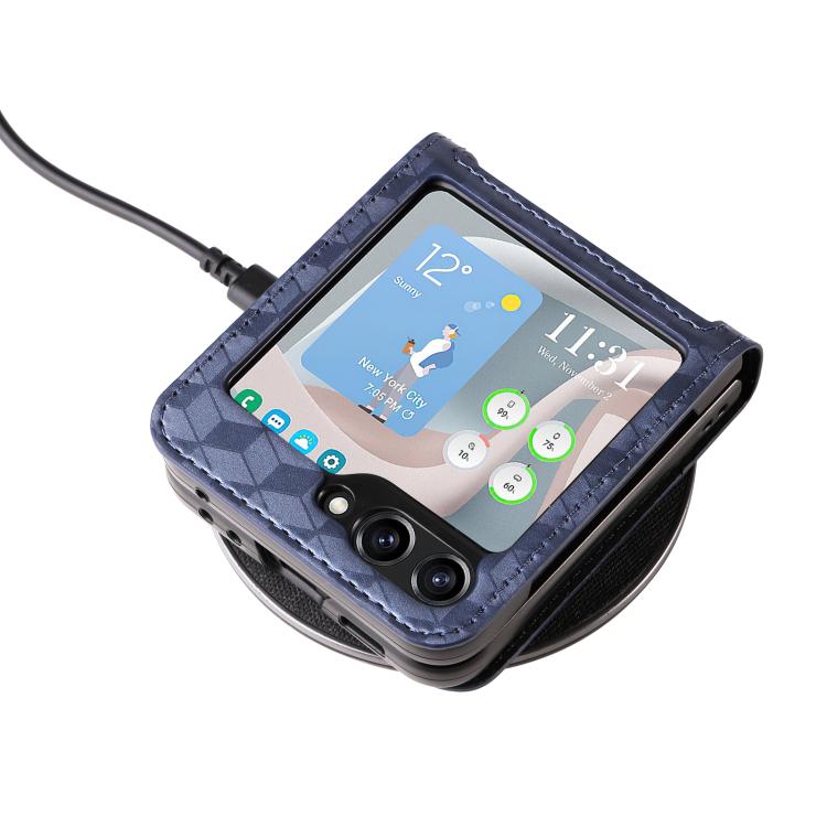 For Samsung Galaxy Z Flip5 Siamese Cubic Grid Texture Card Slot Leather Phone Case