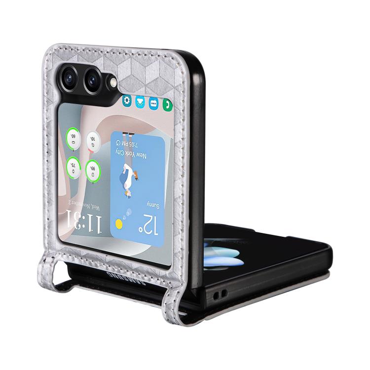 For Samsung Galaxy Z Flip5 Siamese Cubic Grid Texture Card Slot Leather Phone Case