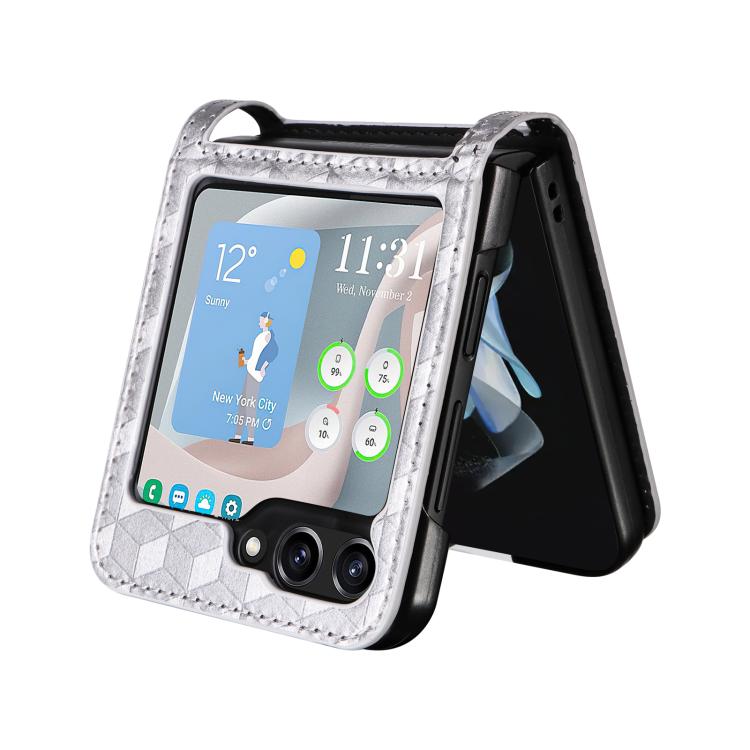 For Samsung Galaxy Z Flip5 Siamese Cubic Grid Texture Card Slot Leather Phone Case