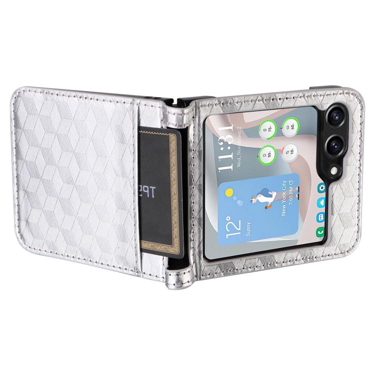 For Samsung Galaxy Z Flip5 Siamese Cubic Grid Texture Card Slot Leather Phone Case