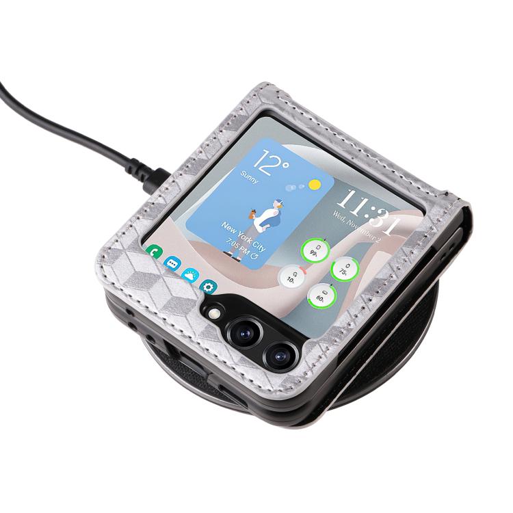 For Samsung Galaxy Z Flip5 Siamese Cubic Grid Texture Card Slot Leather Phone Case