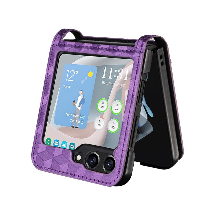 For Samsung Galaxy Z Flip5 Siamese Cubic Grid Texture Card Slot Leather Phone Case
