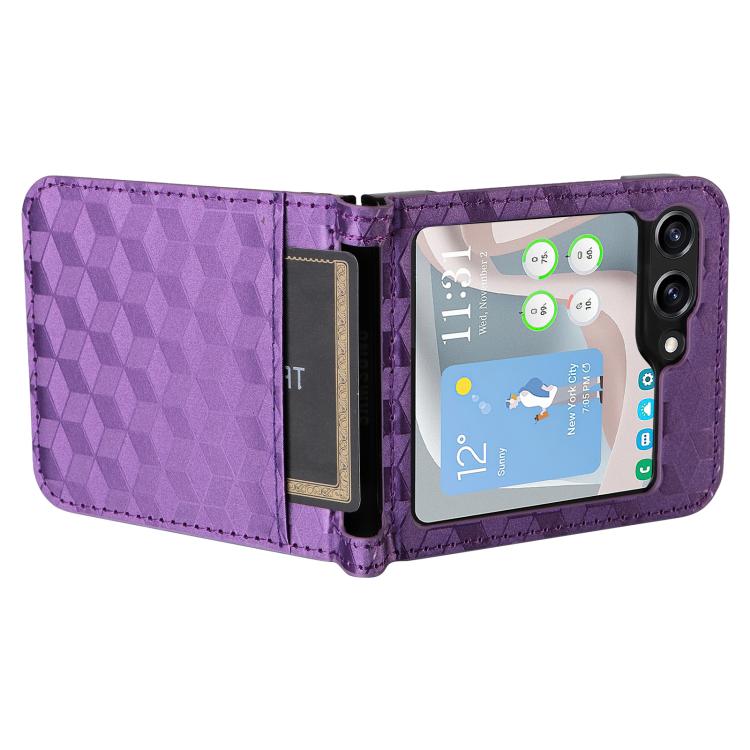 For Samsung Galaxy Z Flip5 Siamese Cubic Grid Texture Card Slot Leather Phone Case