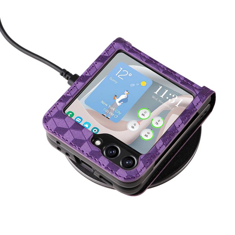 For Samsung Galaxy Z Flip5 Siamese Cubic Grid Texture Card Slot Leather Phone Case