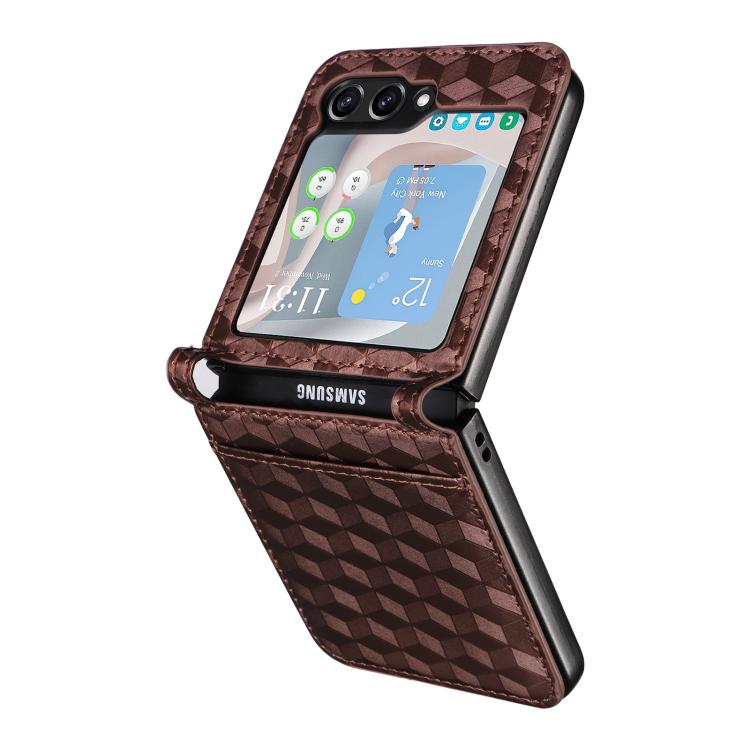 For Samsung Galaxy Z Flip5 Siamese Cubic Grid Texture Card Slot Leather Phone Case