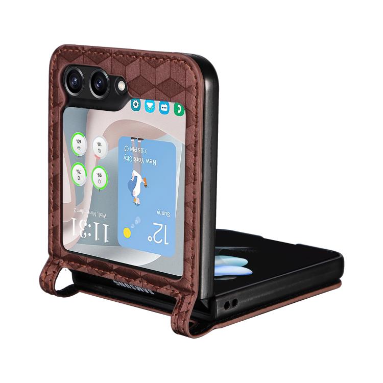 For Samsung Galaxy Z Flip5 Siamese Cubic Grid Texture Card Slot Leather Phone Case