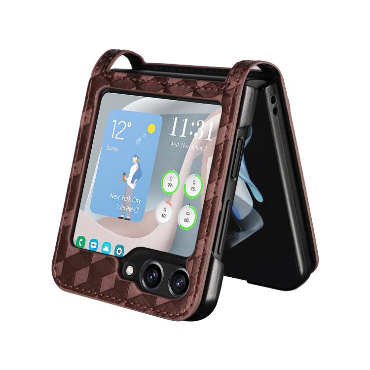 For Samsung Galaxy Z Flip5 Siamese Cubic Grid Texture Card Slot Leather Phone Case