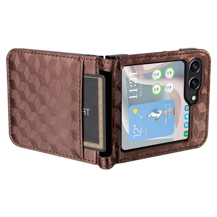 For Samsung Galaxy Z Flip5 Siamese Cubic Grid Texture Card Slot Leather Phone Case