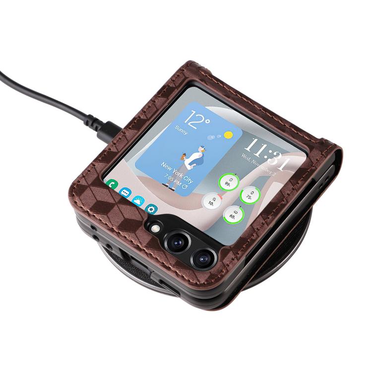For Samsung Galaxy Z Flip5 Siamese Cubic Grid Texture Card Slot Leather Phone Case