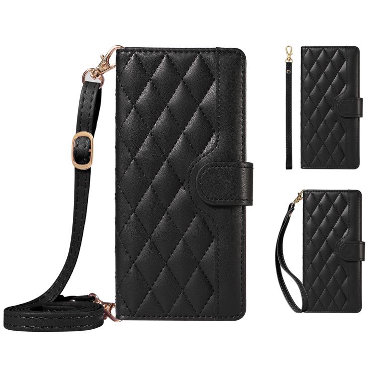 For Redmi A5 4G 173.3mm Three Card Slot Diamond Grid Leather Phone Case with Long / Short Straps