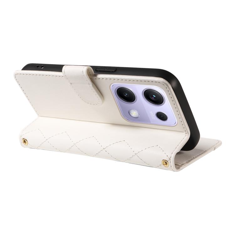 For Redmi Note 14S 4G / Note 13 Pro 4G Three Card Slot Diamond Grid Leather Phone Case with Long / Short Straps