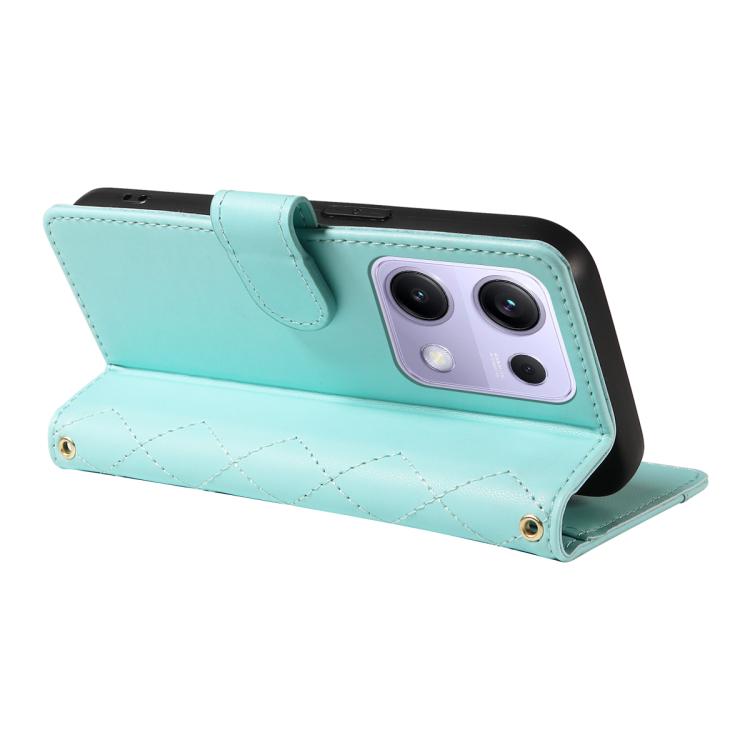 For Redmi Note 14S 4G / Note 13 Pro 4G Three Card Slot Diamond Grid Leather Phone Case with Long / Short Straps
