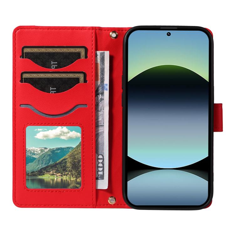 For Redmi Note 14S 4G / Note 13 Pro 4G Three Card Slot Diamond Grid Leather Phone Case with Long / Short Straps