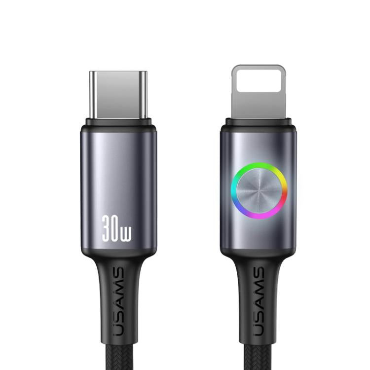 USAMS SJ753 30W Type-C to 8 Pin Aluminum Alloy Data Cable with Colorful Light, Length: 1.2m