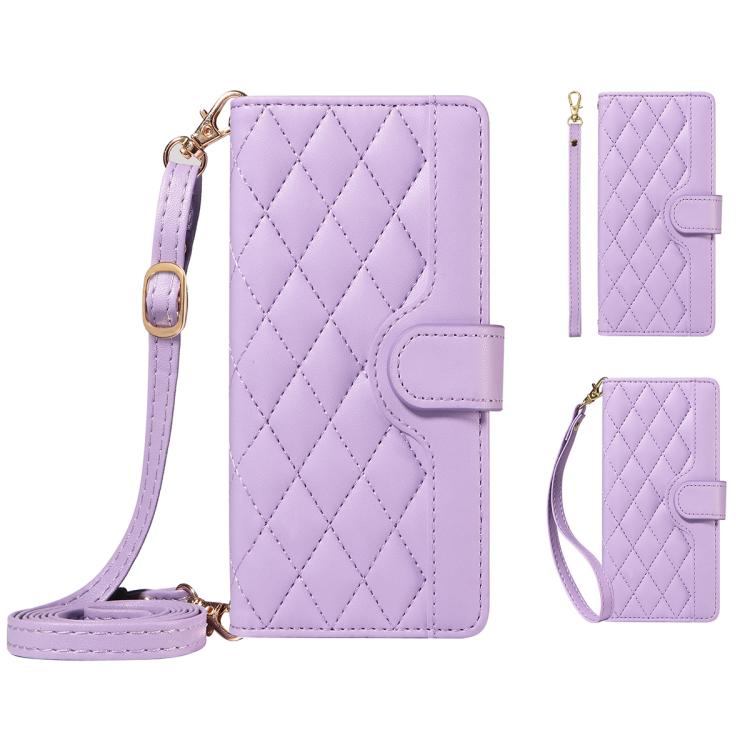 For Xiaomi Poco M6 Pro 4G Global Three Card Slot Diamond Grid Leather Phone Case with Long / Short Straps