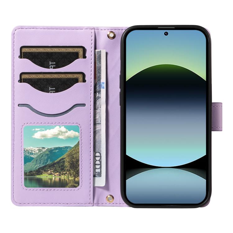 For Xiaomi Poco M6 Pro 4G Global Three Card Slot Diamond Grid Leather Phone Case with Long / Short Straps