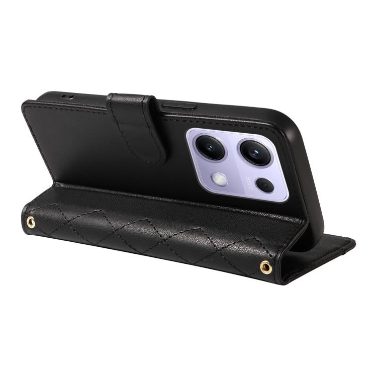 For Xiaomi Poco M6 Pro 4G Global Three Card Slot Diamond Grid Leather Phone Case with Long / Short Straps