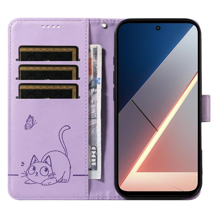 For Xiaomi Poco M7 4G 169mm Adorable Cat Embossed Pattern Flip Leather Phone Case