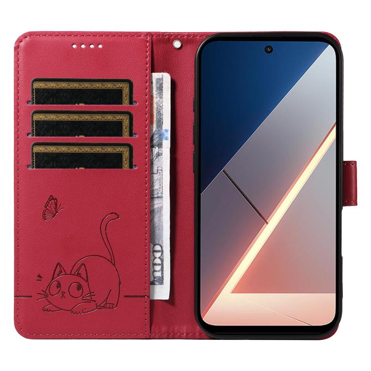 For Xiaomi Poco M7 4G 169mm Adorable Cat Embossed Pattern Flip Leather Phone Case