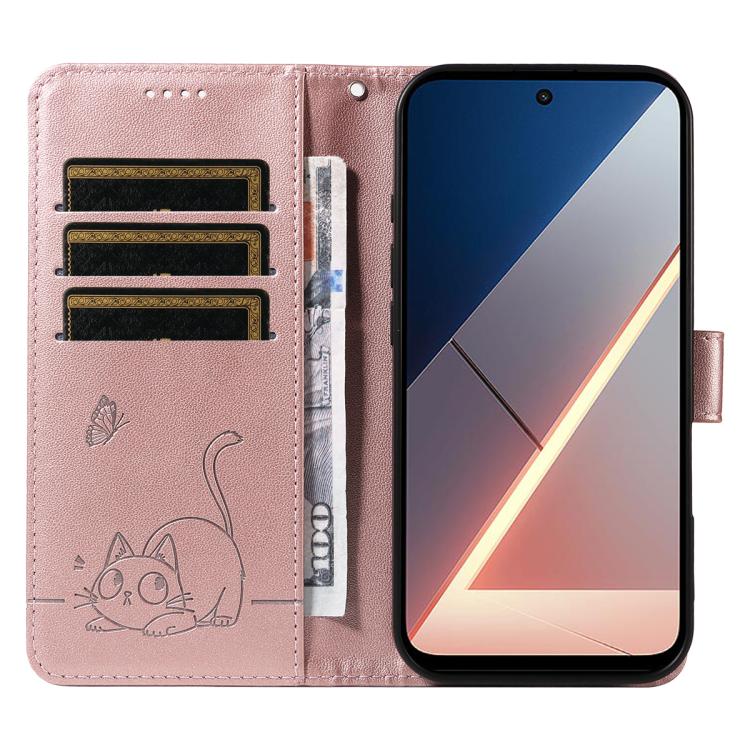 For Xiaomi Poco M7 4G 171mm Adorable Cat Embossed Pattern Flip Leather Phone Case