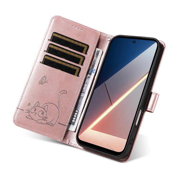 For Xiaomi Poco M7 4G 171mm Adorable Cat Embossed Pattern Flip Leather Phone Case