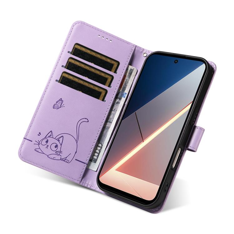 For Xiaomi Poco M7 4G 171mm Adorable Cat Embossed Pattern Flip Leather Phone Case