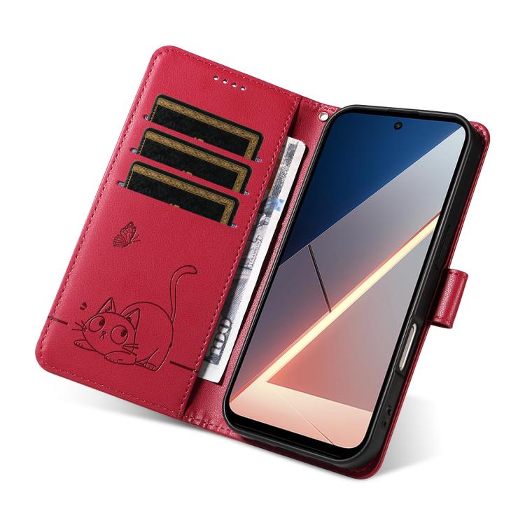 For Xiaomi Poco M7 4G 171mm Adorable Cat Embossed Pattern Flip Leather Phone Case