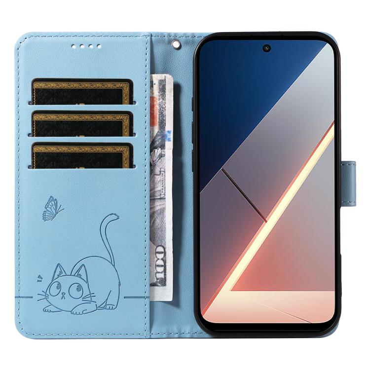 For Xiaomi Poco M7 4G 171mm Adorable Cat Embossed Pattern Flip Leather Phone Case