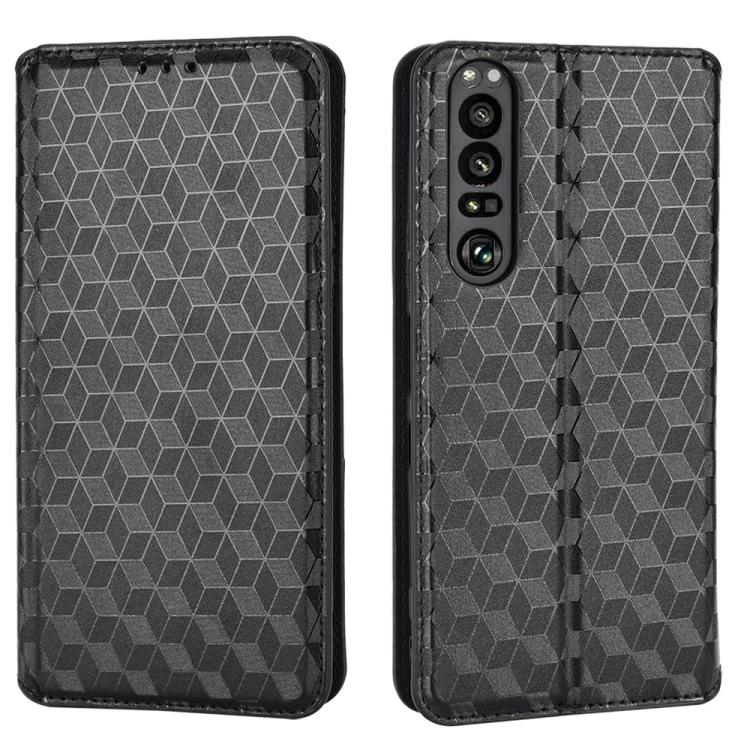 For Sony Xperia 1 III Cubic Grid Texture Flip Leather Phone Case