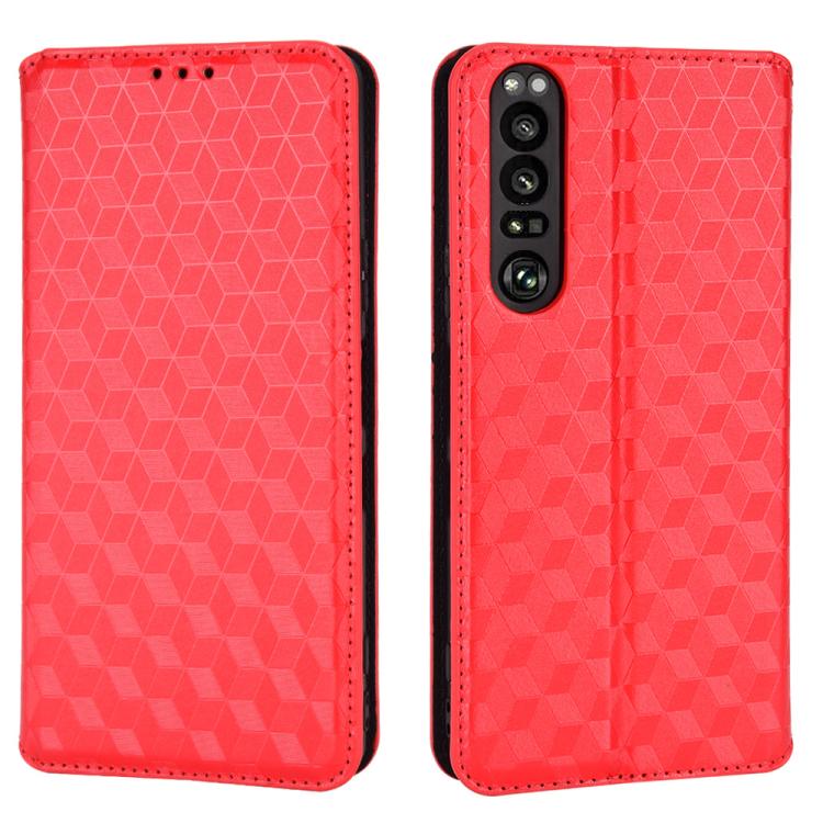 For Sony Xperia 1 III Cubic Grid Texture Flip Leather Phone Case
