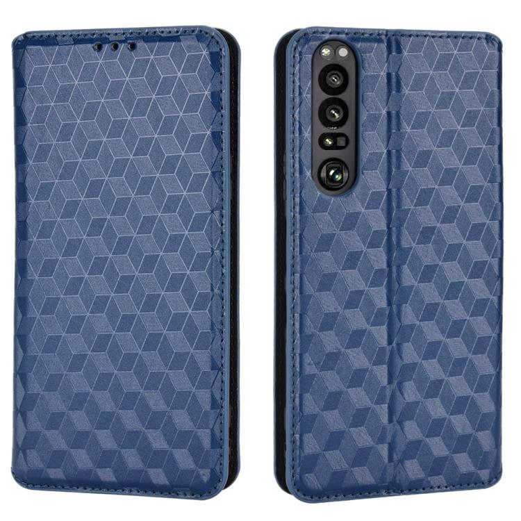 For Sony Xperia 1 III Cubic Grid Texture Flip Leather Phone Case