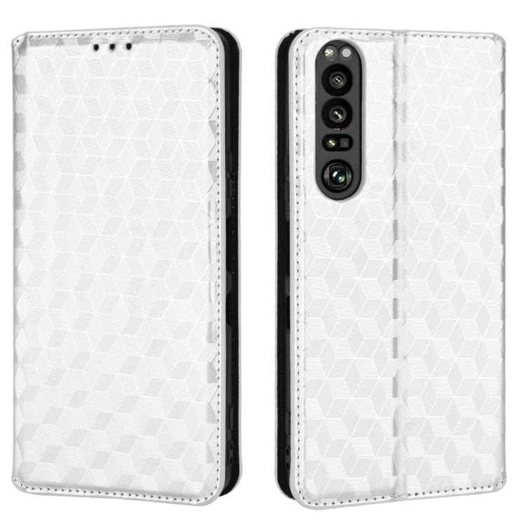 For Sony Xperia 1 III Cubic Grid Texture Flip Leather Phone Case